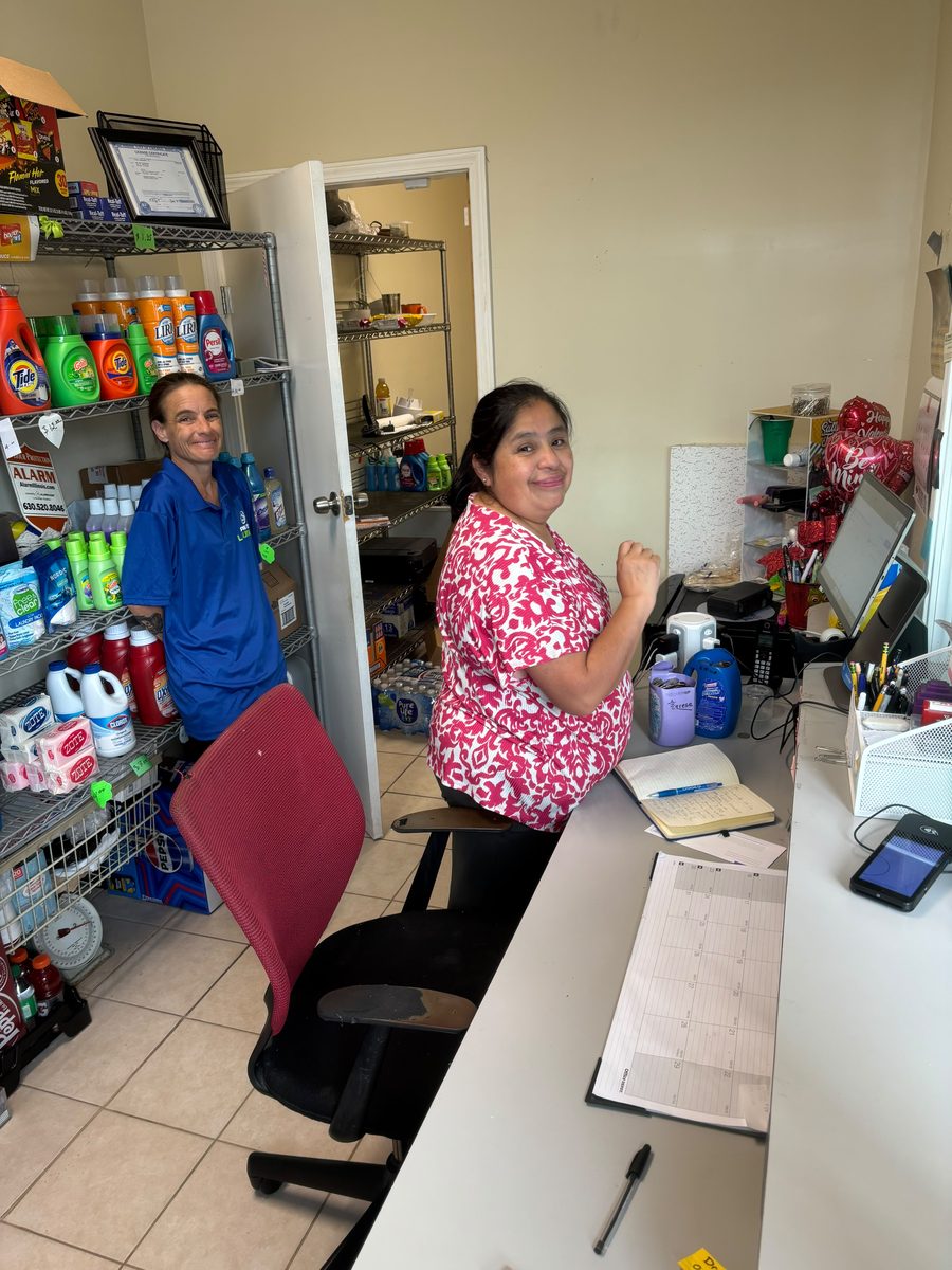 The front counter at Laundry Station, staffed and stocked with detergent and supplies